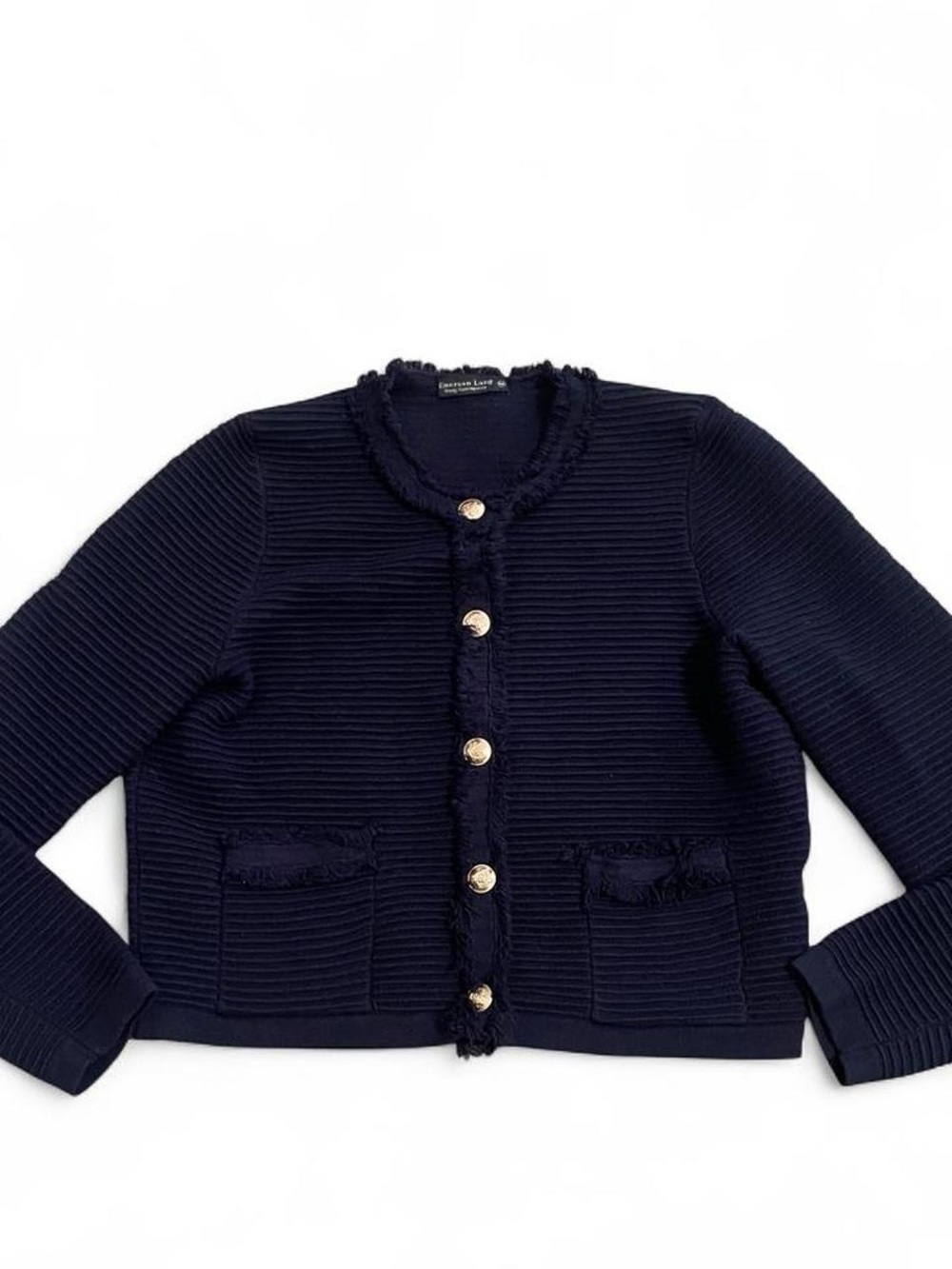 Textured Navy Fringe-Trim Cardigan with Gold Buttons